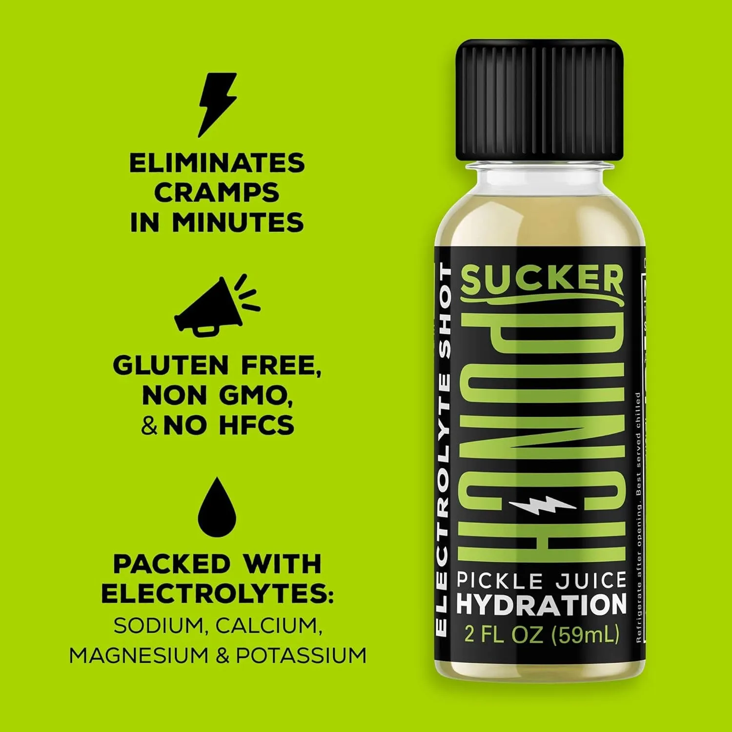 Suckerpunch Hydration Pickle Juice Shot, Dill Flavored, Gluten Free, Post Workout Dill Electrolyte Drink, Low Calorie, Muscle Cramp Defense, Potassium, Keto Friendly, Low Sugar, Non GMO, 2 Oz, 12 CT