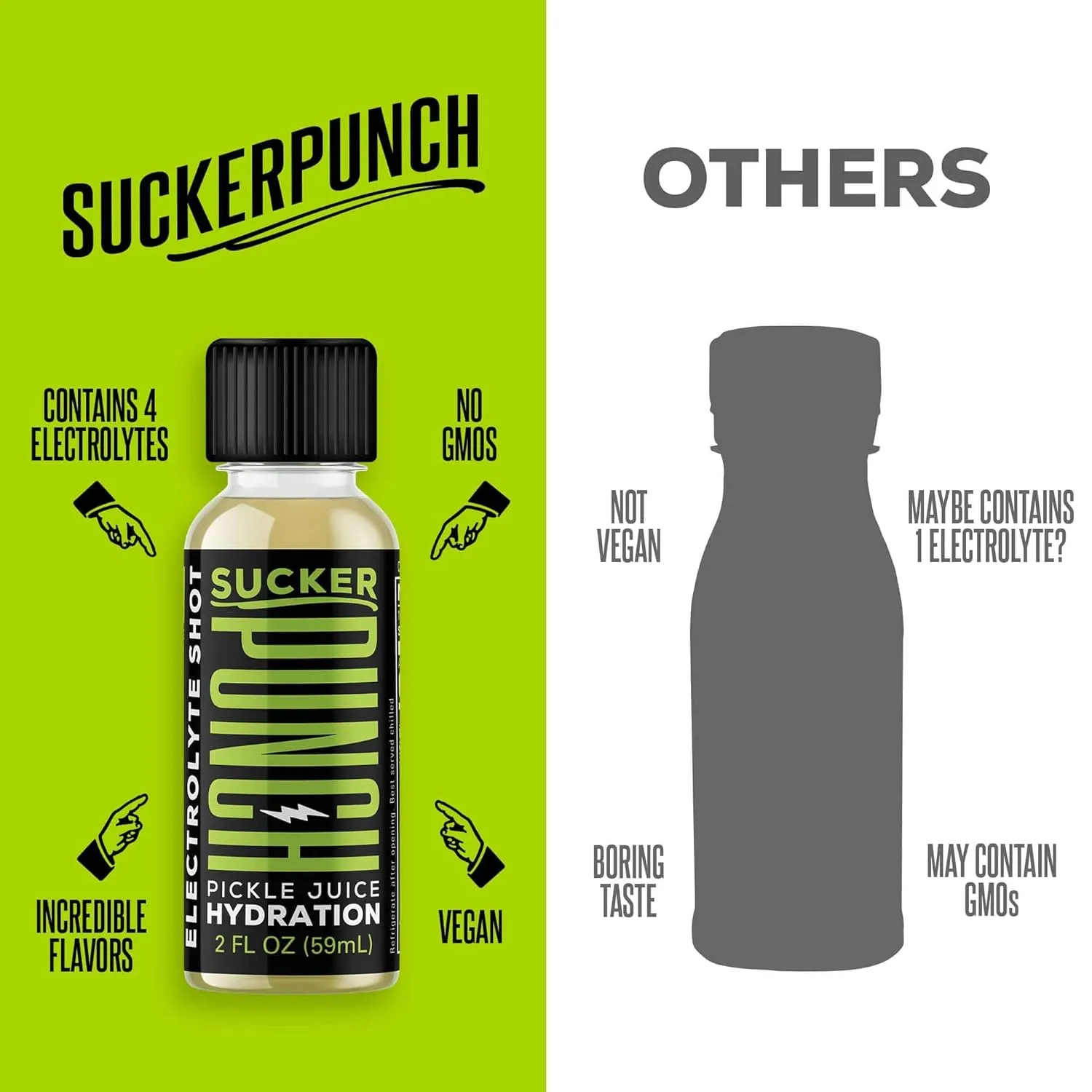 Suckerpunch Hydration Pickle Juice Shot, Dill Flavored, Gluten Free, Post Workout Dill Electrolyte Drink, Low Calorie, Muscle Cramp Defense, Potassium, Keto Friendly, Low Sugar, Non GMO, 2 Oz, 12 CT