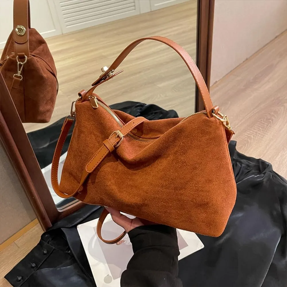 Suede Tote Bag for Women, Crescent Shoulder Bags Large Capacity Handbag Hobo Bag Autumn Leisure Lazy Crossbody Bag