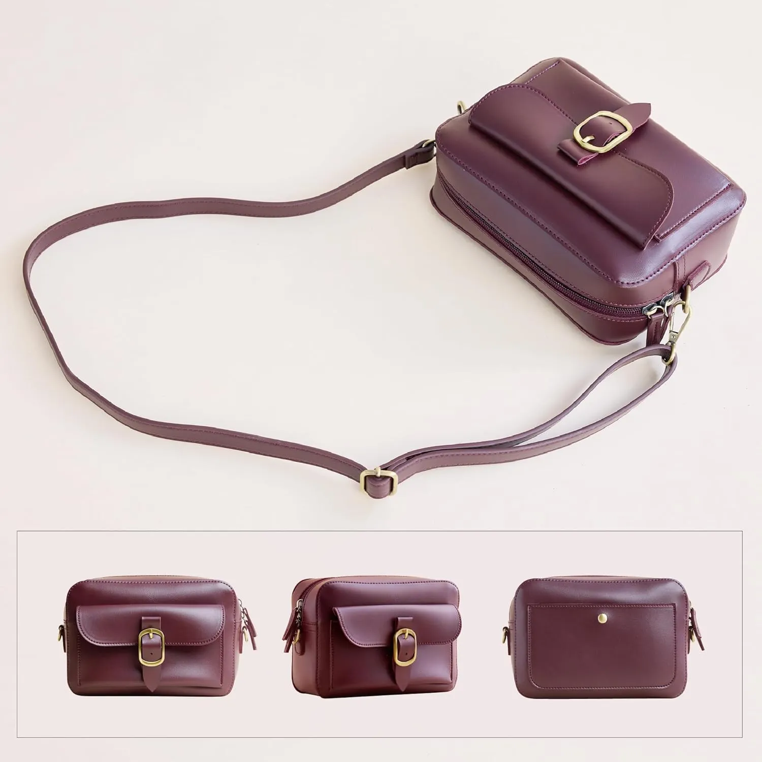 SUNLIGHT LEAVES Vegan Leather Crossbody Camera Bag For Women Vintage Square Satchel Retro Small Purse Simple Shoulder Handbag