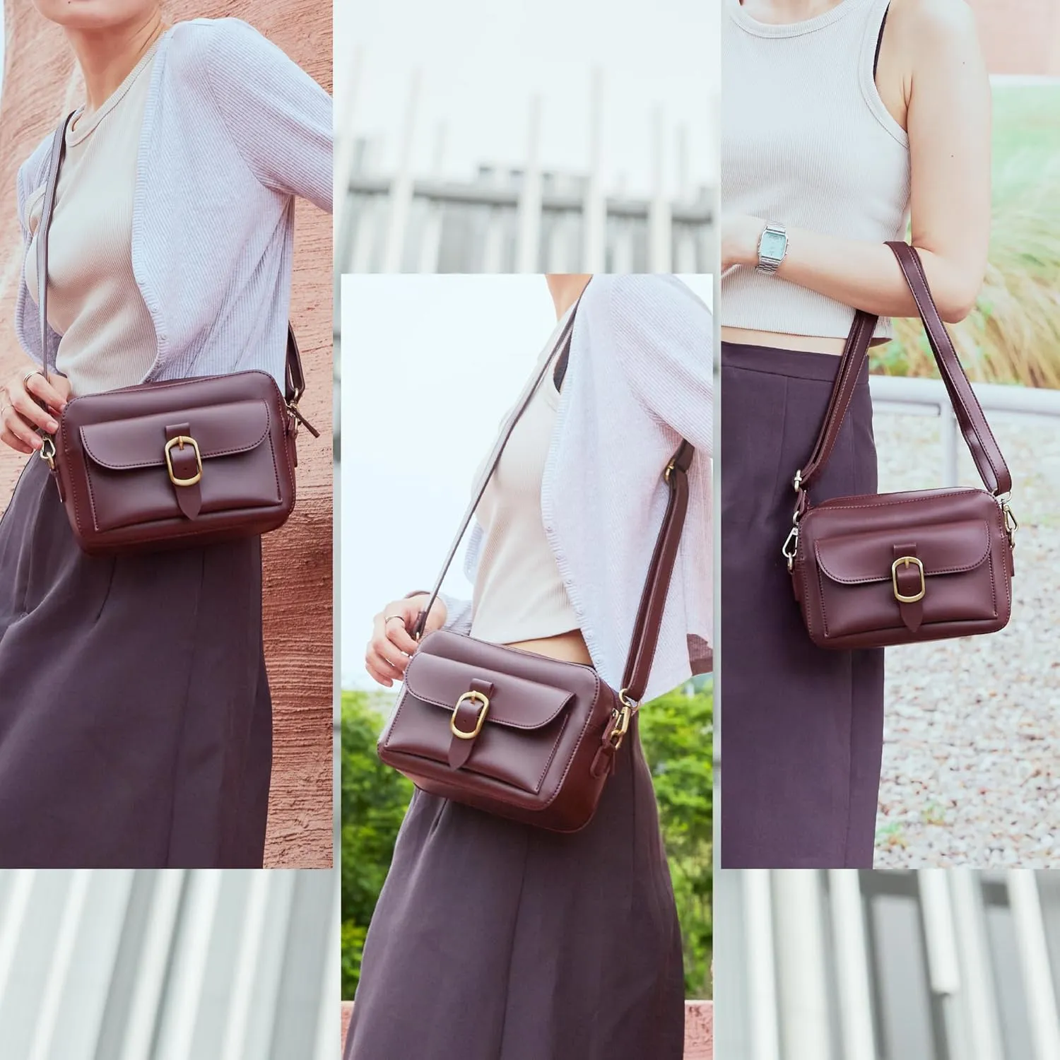 SUNLIGHT LEAVES Vegan Leather Crossbody Camera Bag For Women Vintage Square Satchel Retro Small Purse Simple Shoulder Handbag