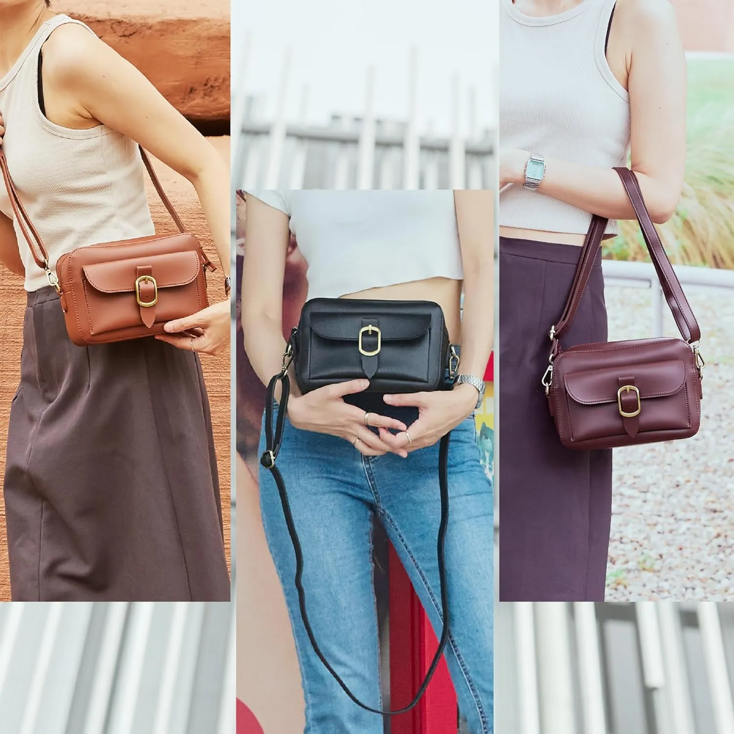 SUNLIGHT LEAVES Vegan Leather Crossbody Camera Bag For Women Vintage Square Satchel Retro Small Purse Simple Shoulder Handbag