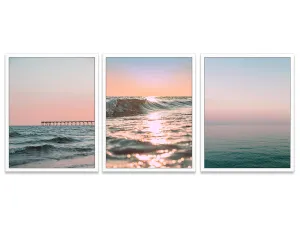 Sunset and Sunrise Beach Themed Photography Prints, Set of 3, Unframed, Ocean Pier, Dock, Waves, Coastal, Wall Art Decor Poster Sign, All Sizes