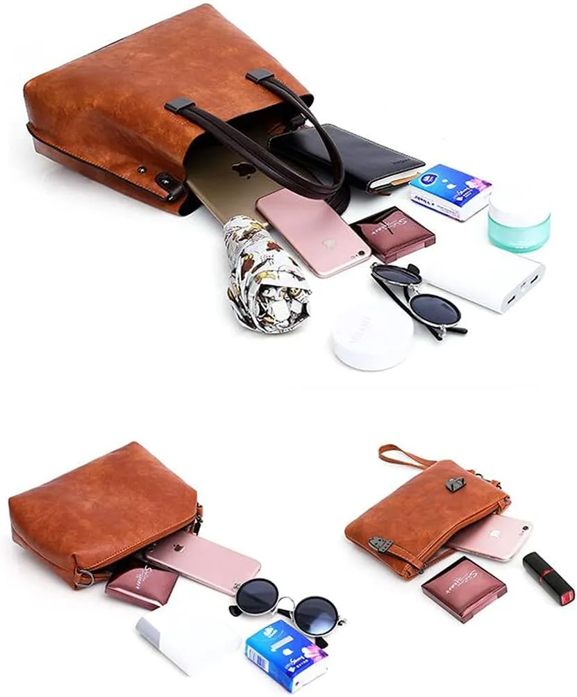 Synthetic PU Leather Tote for Women Simple One-shoulder Portable Messenger Crossbody Hobo Bags 3-piece Set