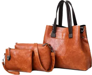 Synthetic PU Leather Tote for Women Simple One-shoulder Portable Messenger Crossbody Hobo Bags 3-piece Set