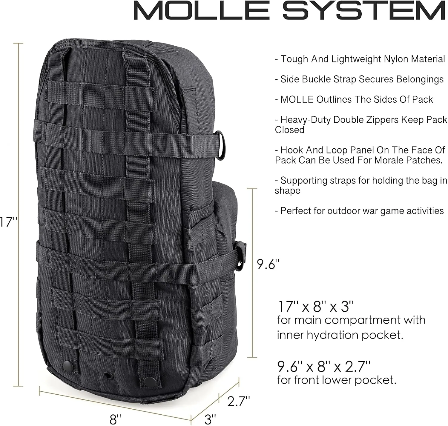 Tactical Hydration Pack Molle Hydration Carrier Military Hydration Pouch 3L Water Bladder Holder for Tactical Backpack Plate Carrier(Bladder Not Included)