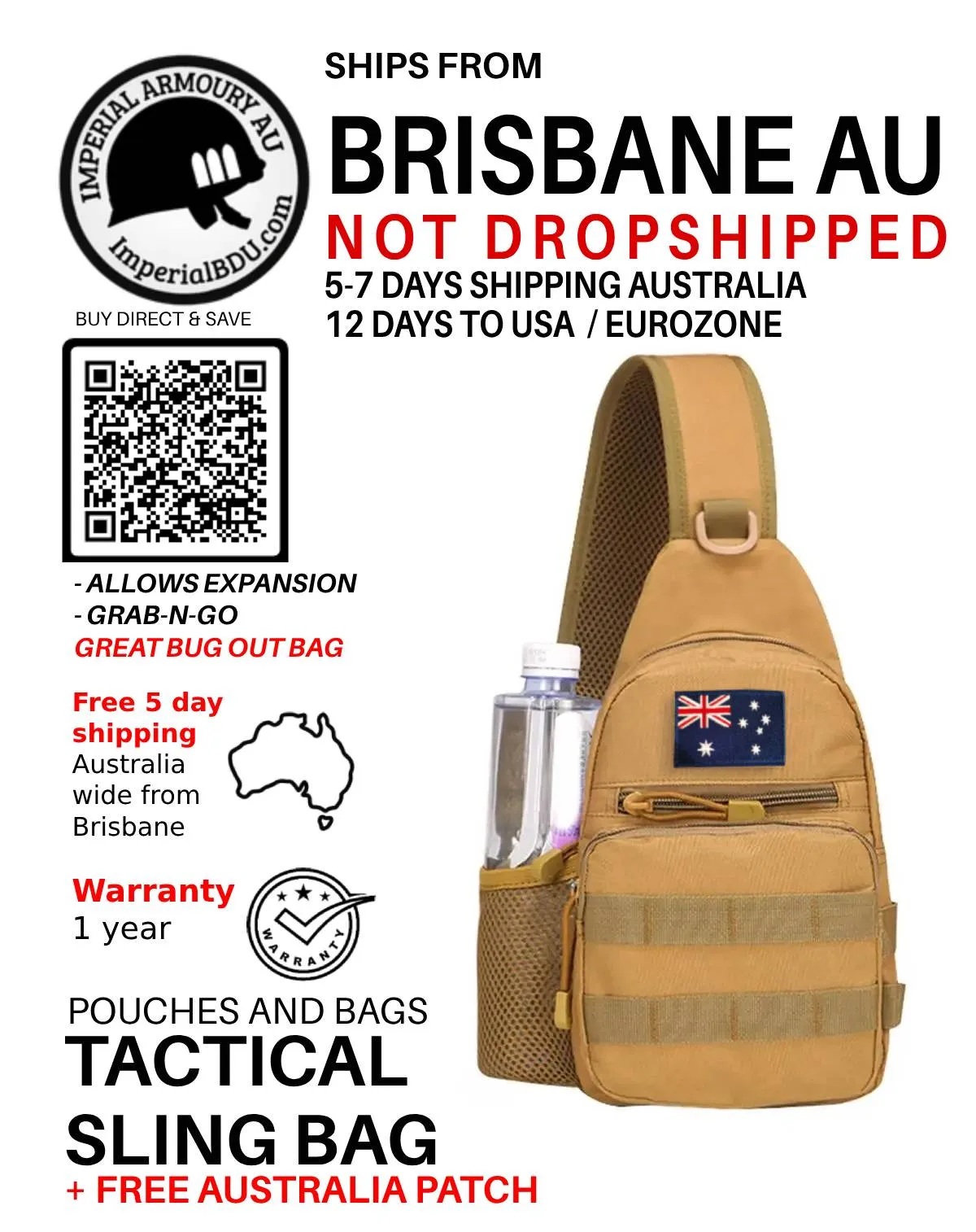Tactical sling bag, bug out bag   Australian Flag patch FREE SHIPPING AU