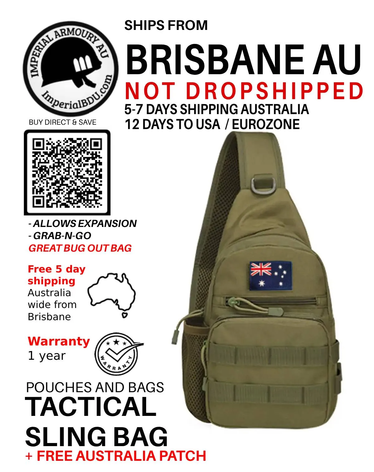 Tactical sling bag, bug out bag   Australian Flag patch FREE SHIPPING AU
