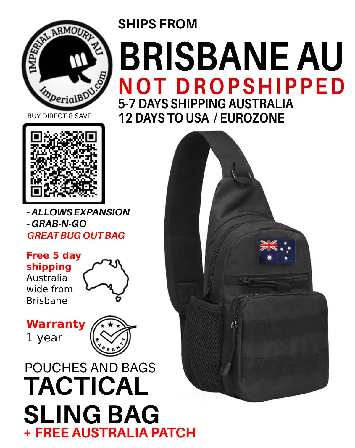 Tactical sling bag, bug out bag   Australian Flag patch FREE SHIPPING AU