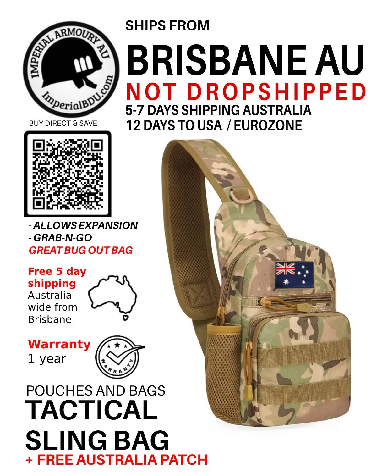 Tactical sling bag, bug out bag   Australian Flag patch FREE SHIPPING AU