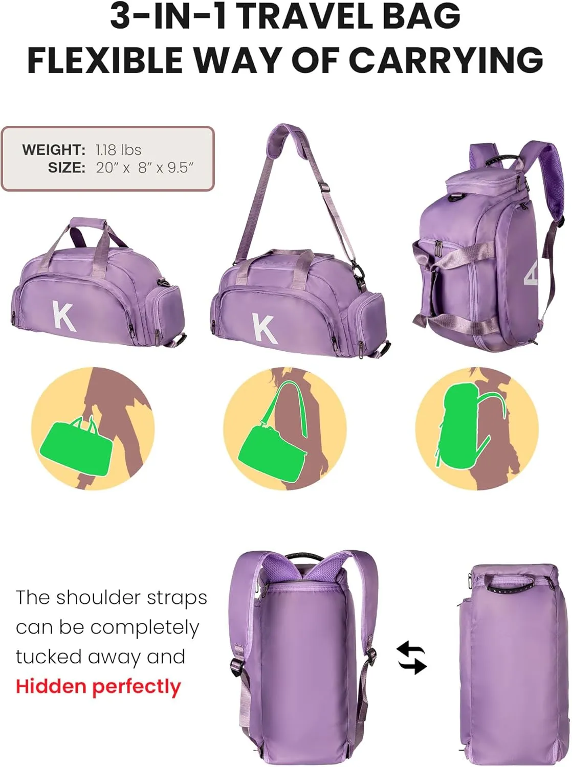 Teenager Girl Gifts Ideas, Initial Gym Bags with Shoe Compartment, Personalized Girl Duffel Bag, Monogram Kid Overnight Bags, Teen Weekend Bag-Thoughtful Gift Idea for Her(Letter L)