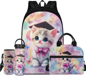 TODIYADDU Bachelor Hat Cat Backpack and Lunch Bag Set for Girls Large Bookbags for 1St Grade Kids Water Bottle Holder and Insulated Water Bottle 4 in 1 Set School Presents for Daughter/Son 8T