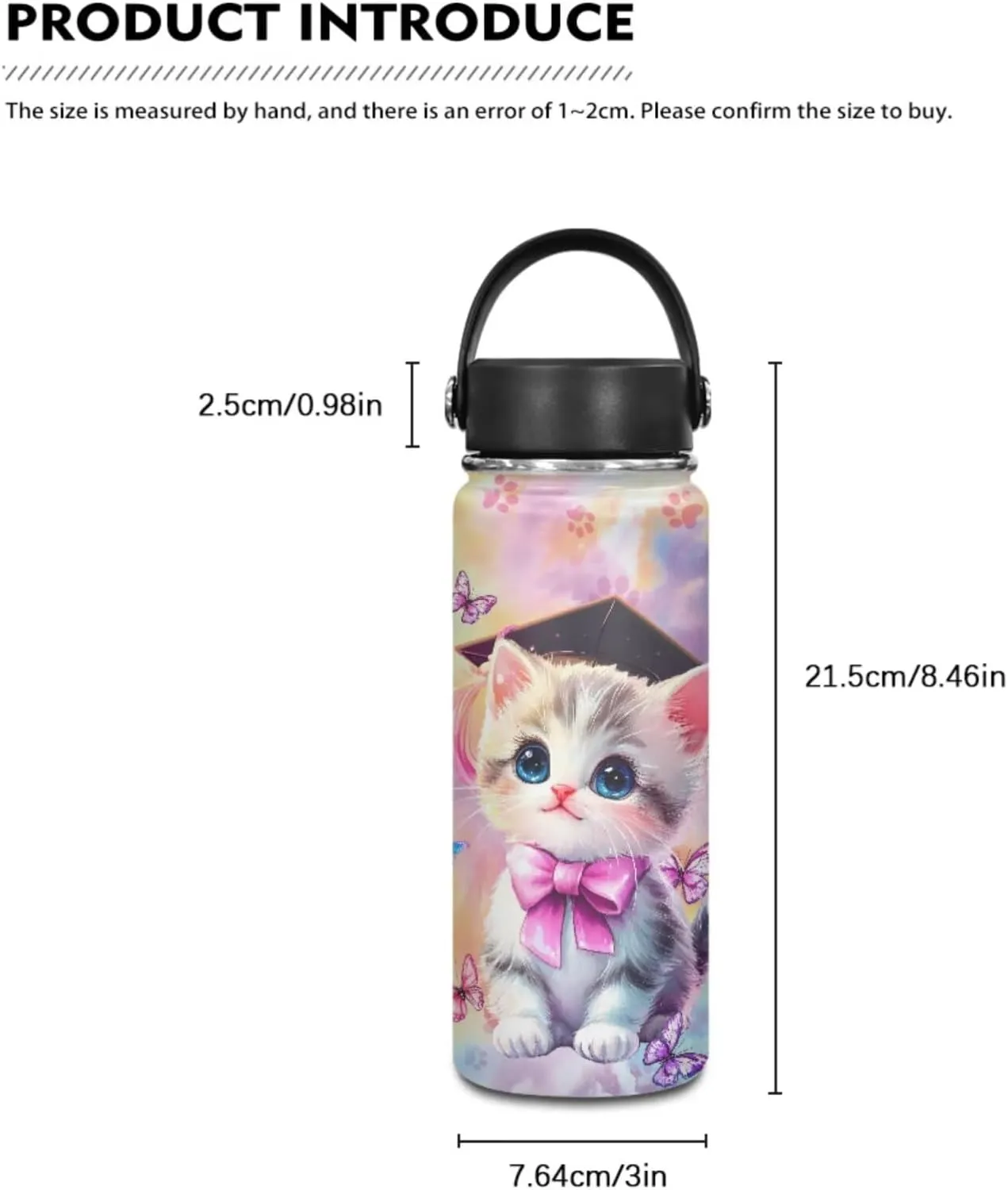 TODIYADDU Bachelor Hat Cat Backpack and Lunch Bag Set for Girls Large Bookbags for 1St Grade Kids Water Bottle Holder and Insulated Water Bottle 4 in 1 Set School Presents for Daughter/Son 8T