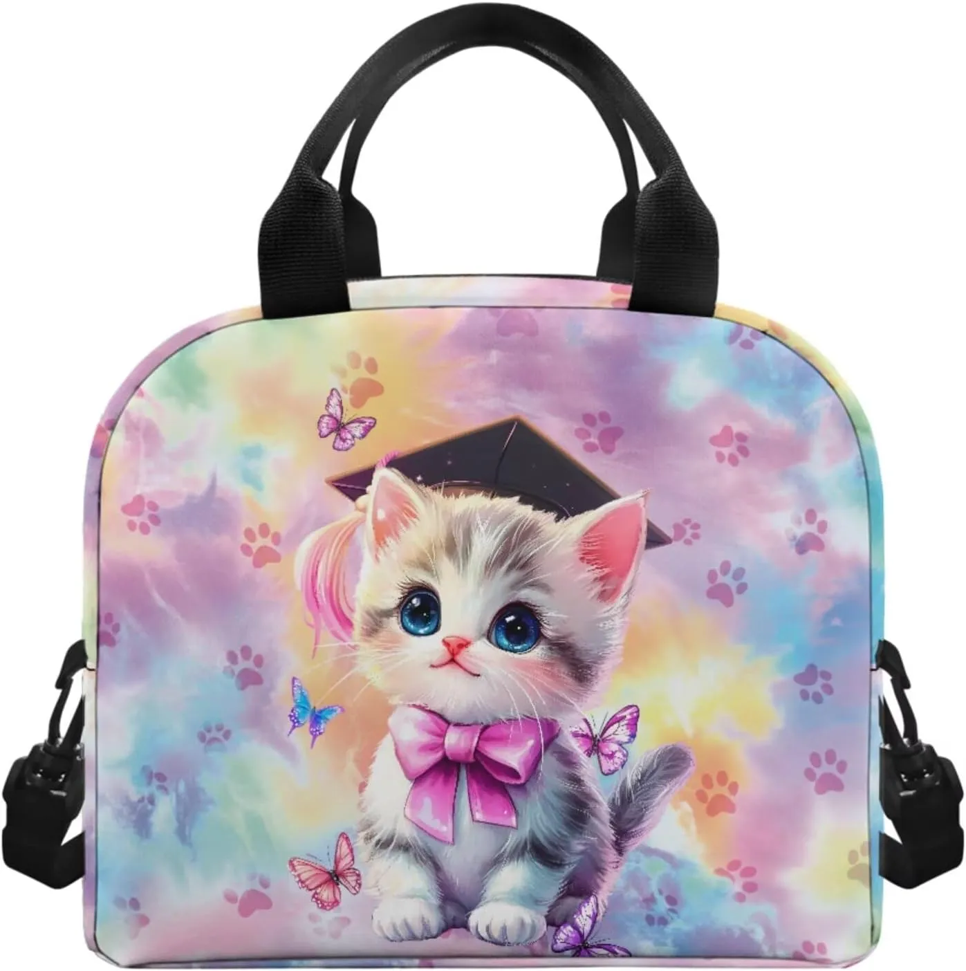 TODIYADDU Bachelor Hat Cat Backpack and Lunch Bag Set for Girls Large Bookbags for 1St Grade Kids Water Bottle Holder and Insulated Water Bottle 4 in 1 Set School Presents for Daughter/Son 8T