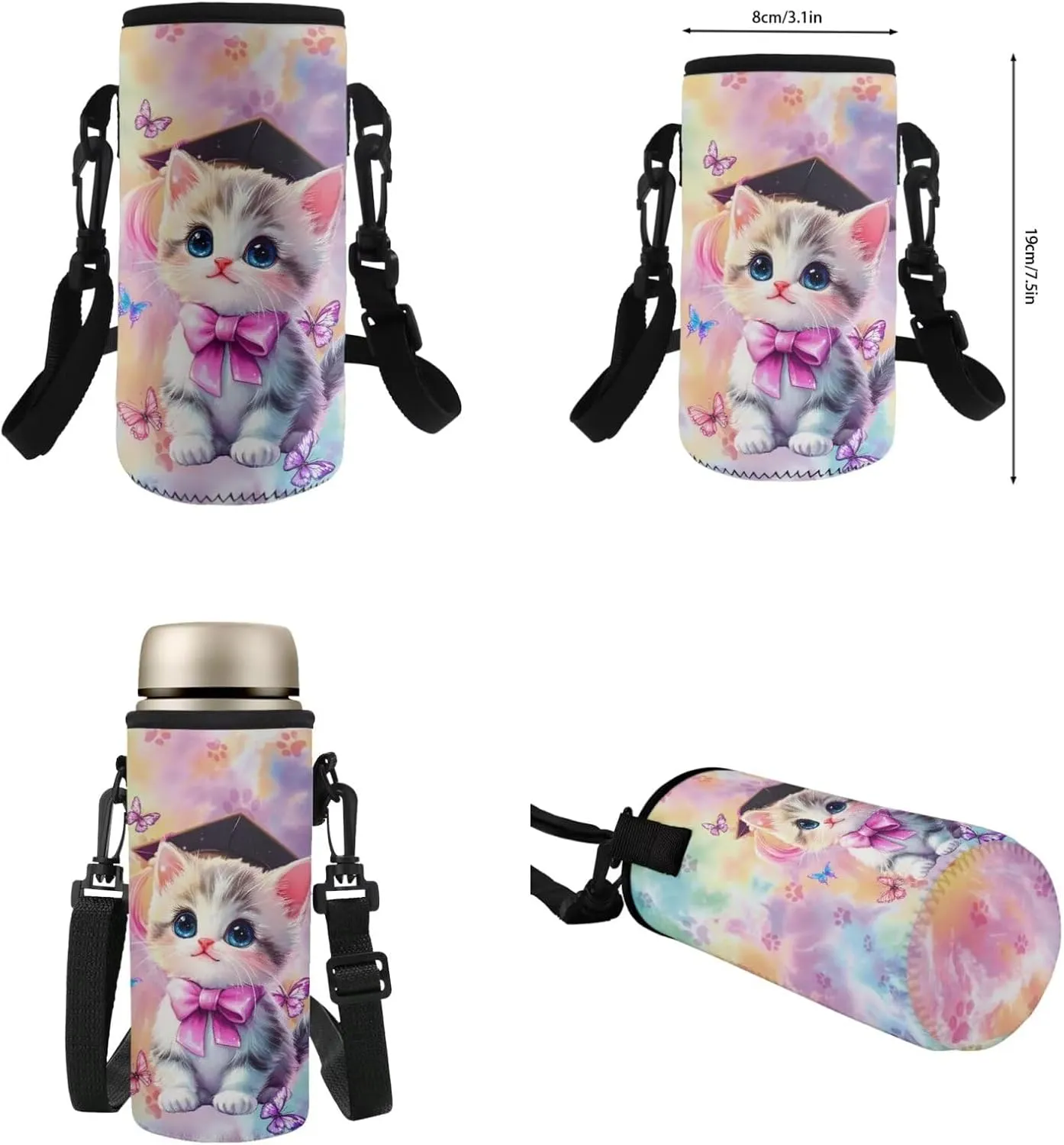 TODIYADDU Bachelor Hat Cat Backpack and Lunch Bag Set for Girls Large Bookbags for 1St Grade Kids Water Bottle Holder and Insulated Water Bottle 4 in 1 Set School Presents for Daughter/Son 8T
