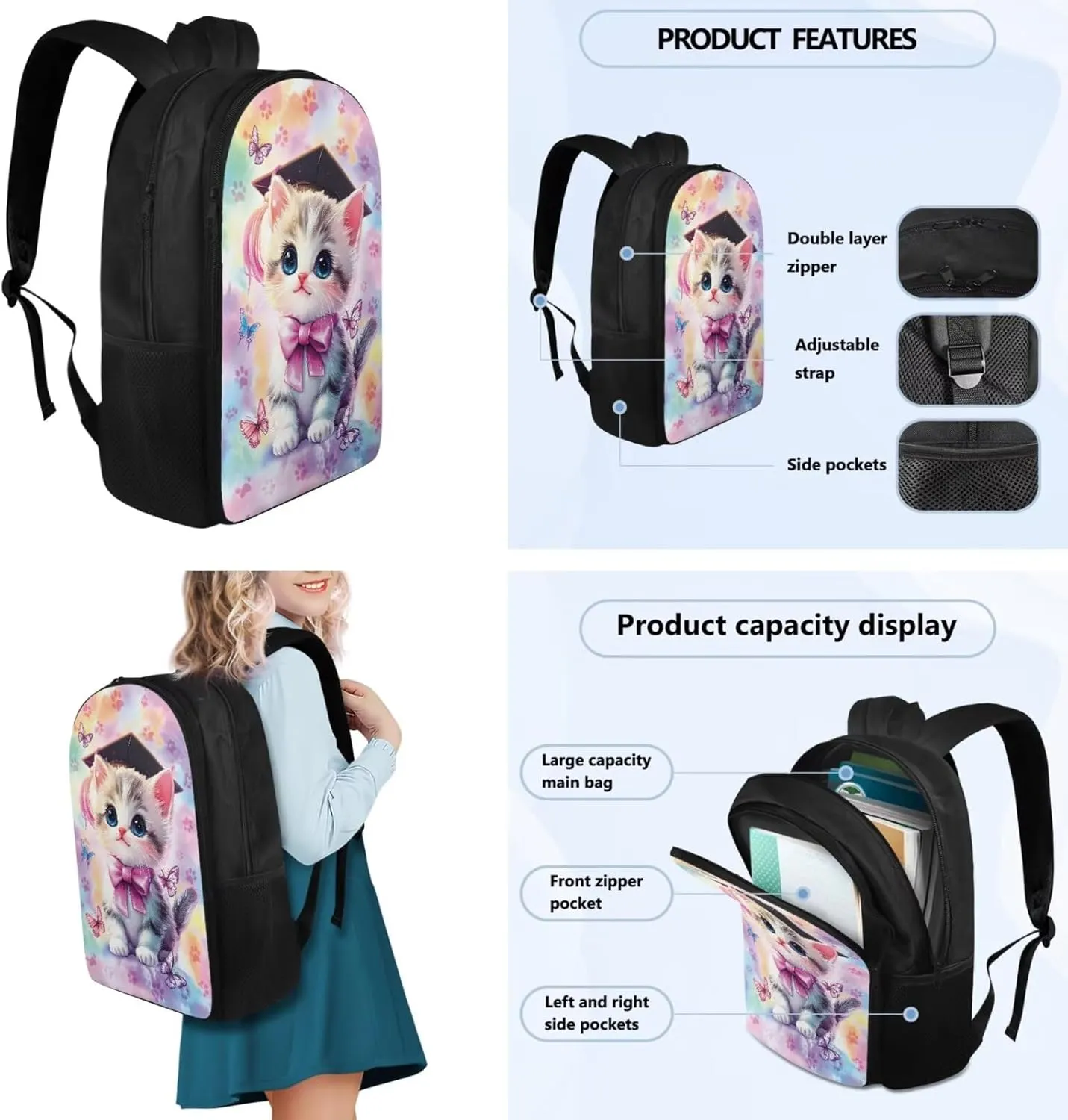 TODIYADDU Bachelor Hat Cat Backpack and Lunch Bag Set for Girls Large Bookbags for 1St Grade Kids Water Bottle Holder and Insulated Water Bottle 4 in 1 Set School Presents for Daughter/Son 8T