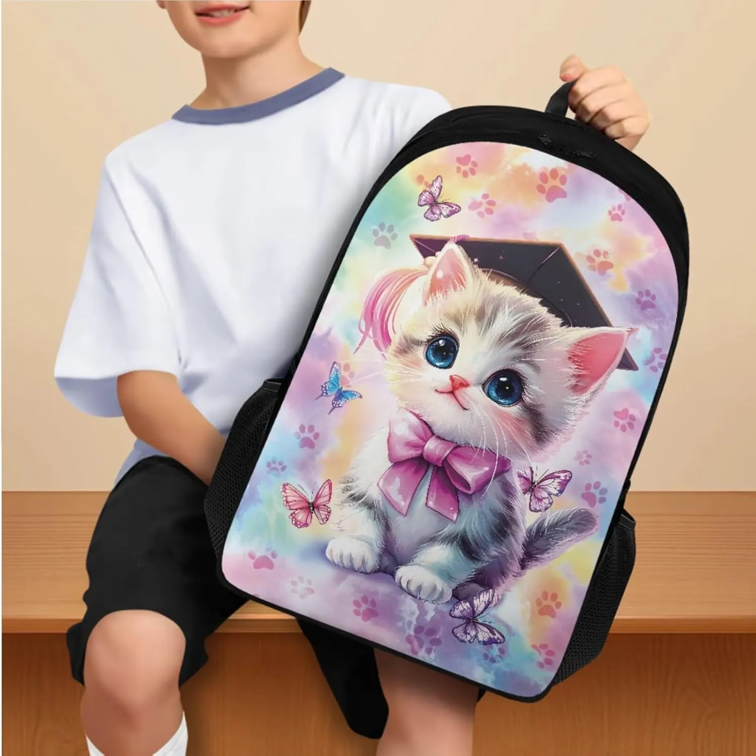 TODIYADDU Bachelor Hat Cat Backpack and Lunch Bag Set for Girls Large Bookbags for 1St Grade Kids Water Bottle Holder and Insulated Water Bottle 4 in 1 Set School Presents for Daughter/Son 8T