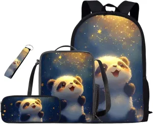 TODIYADDU Blue Star Panda School Backpack for Boys Backpack and Lunch Bag Set for Girls Trendy Keychain 5th Grade and Big Pencil Box 4 PCS School Bags for Students Lightweight 8-10T