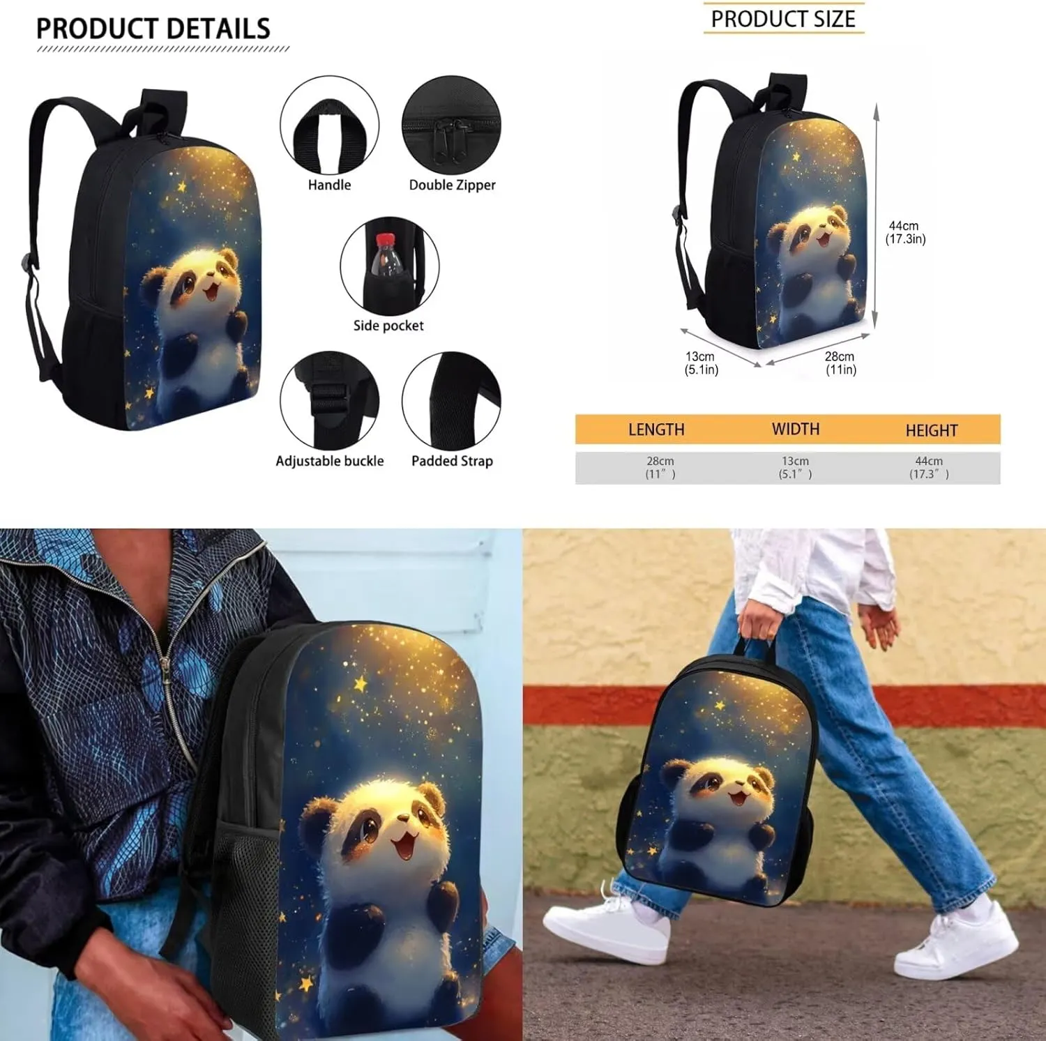 TODIYADDU Blue Star Panda School Backpack for Boys Backpack and Lunch Bag Set for Girls Trendy Keychain 5th Grade and Big Pencil Box 4 PCS School Bags for Students Lightweight 8-10T