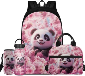 TODIYADDU Pink Fun Panda Backpack for Girls Kids Bookbag with Lunch Box Water Bottle Pouch, and Insulated Water Bottle Boys 4 PCS Lightweight Elementary Middle School Bag for 5th Grade Kids