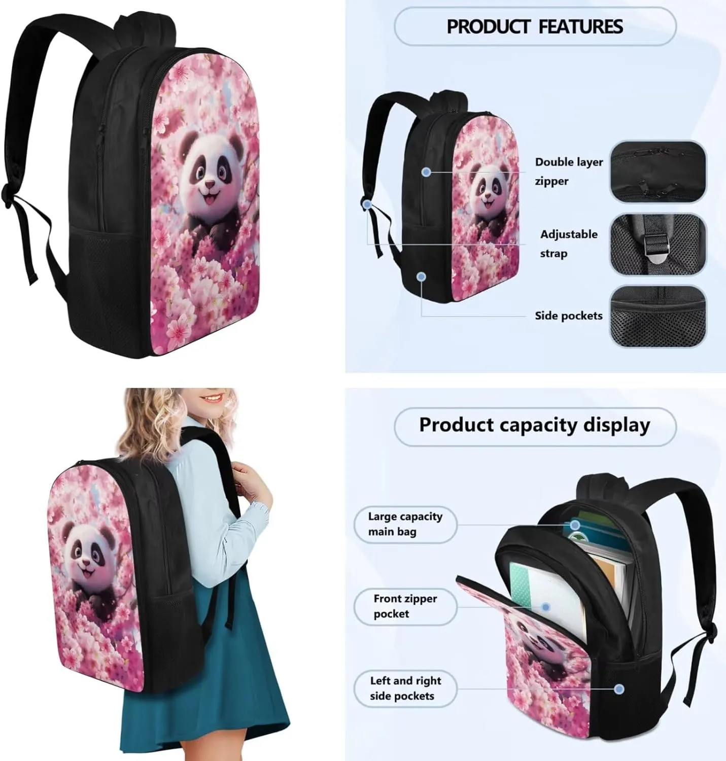TODIYADDU Pink Fun Panda Backpack for Girls Kids Bookbag with Lunch Box Water Bottle Pouch, and Insulated Water Bottle Boys 4 PCS Lightweight Elementary Middle School Bag for 5th Grade Kids