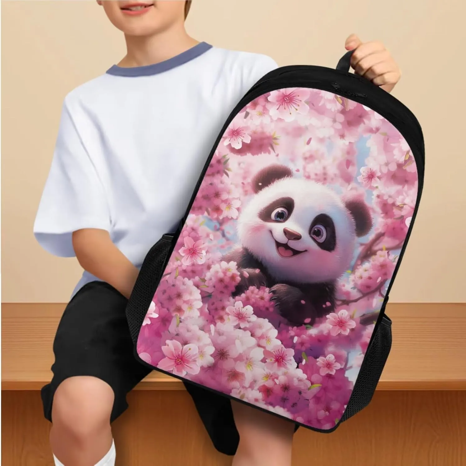TODIYADDU Pink Fun Panda Backpack for Girls Kids Bookbag with Lunch Box Water Bottle Pouch, and Insulated Water Bottle Boys 4 PCS Lightweight Elementary Middle School Bag for 5th Grade Kids