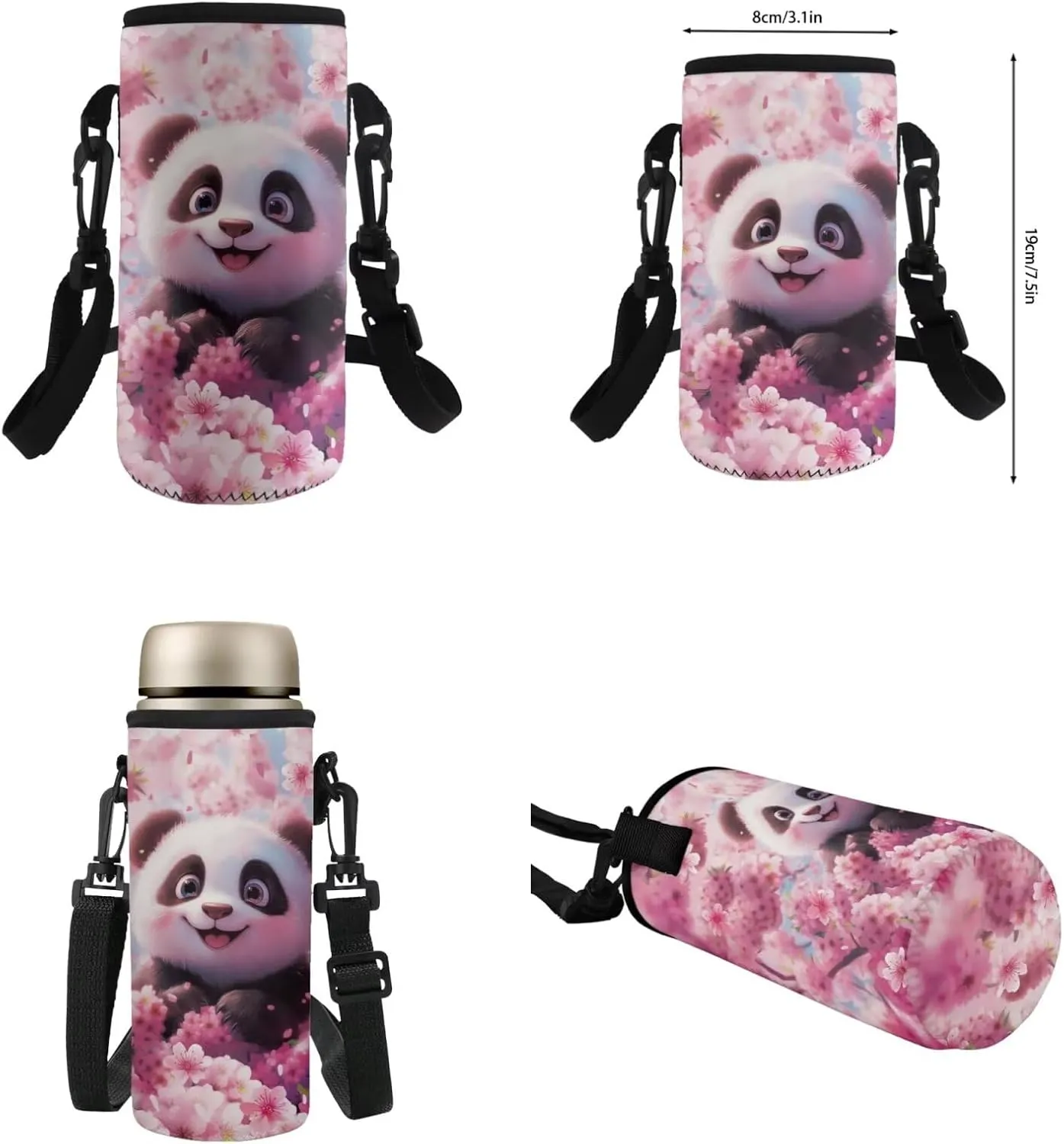 TODIYADDU Pink Fun Panda Backpack for Girls Kids Bookbag with Lunch Box Water Bottle Pouch, and Insulated Water Bottle Boys 4 PCS Lightweight Elementary Middle School Bag for 5th Grade Kids
