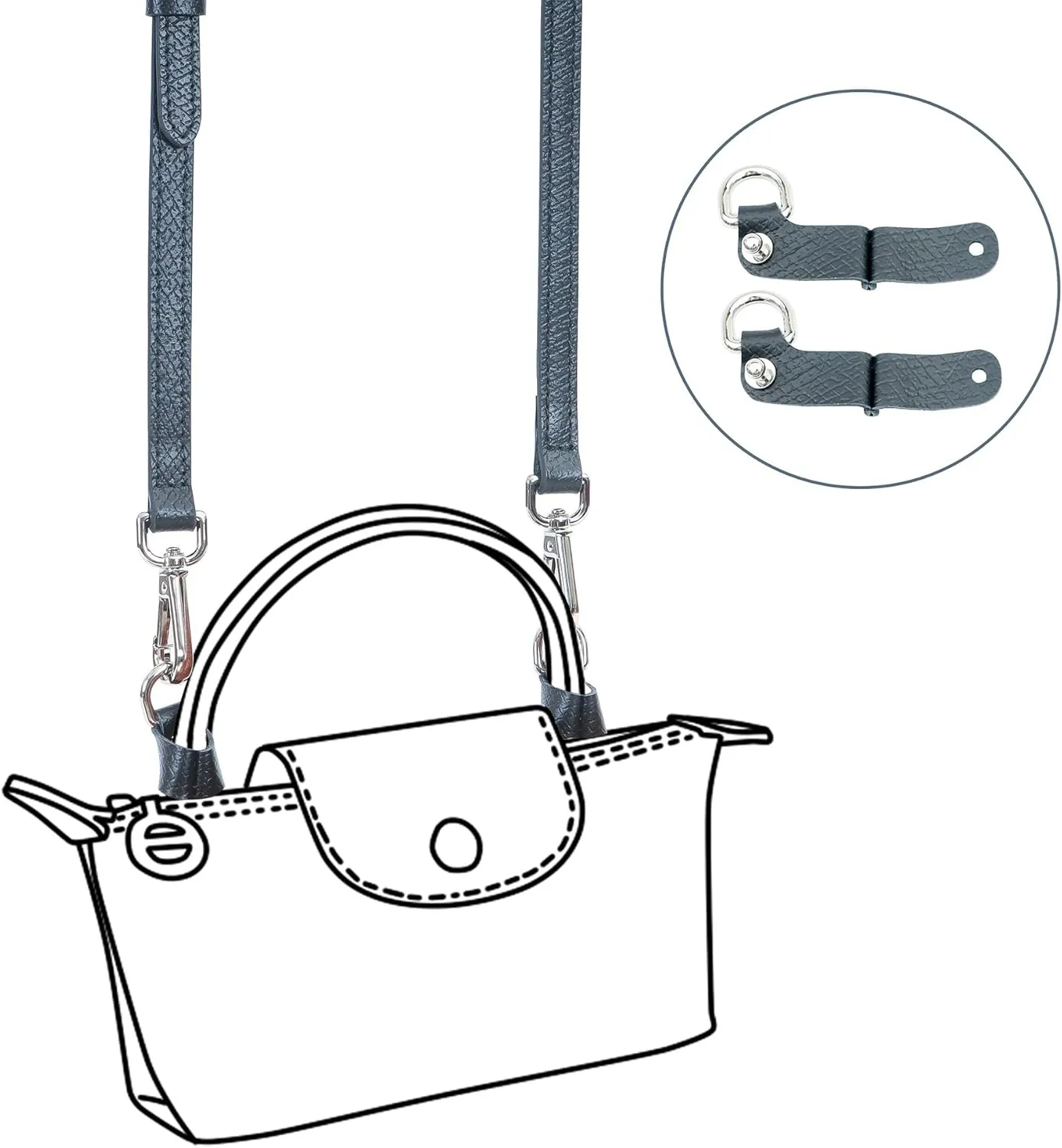 Top Handle No-punching Conversion Set for LONGCHAMP Mini Le Pliage (Silvery Buckle-002)