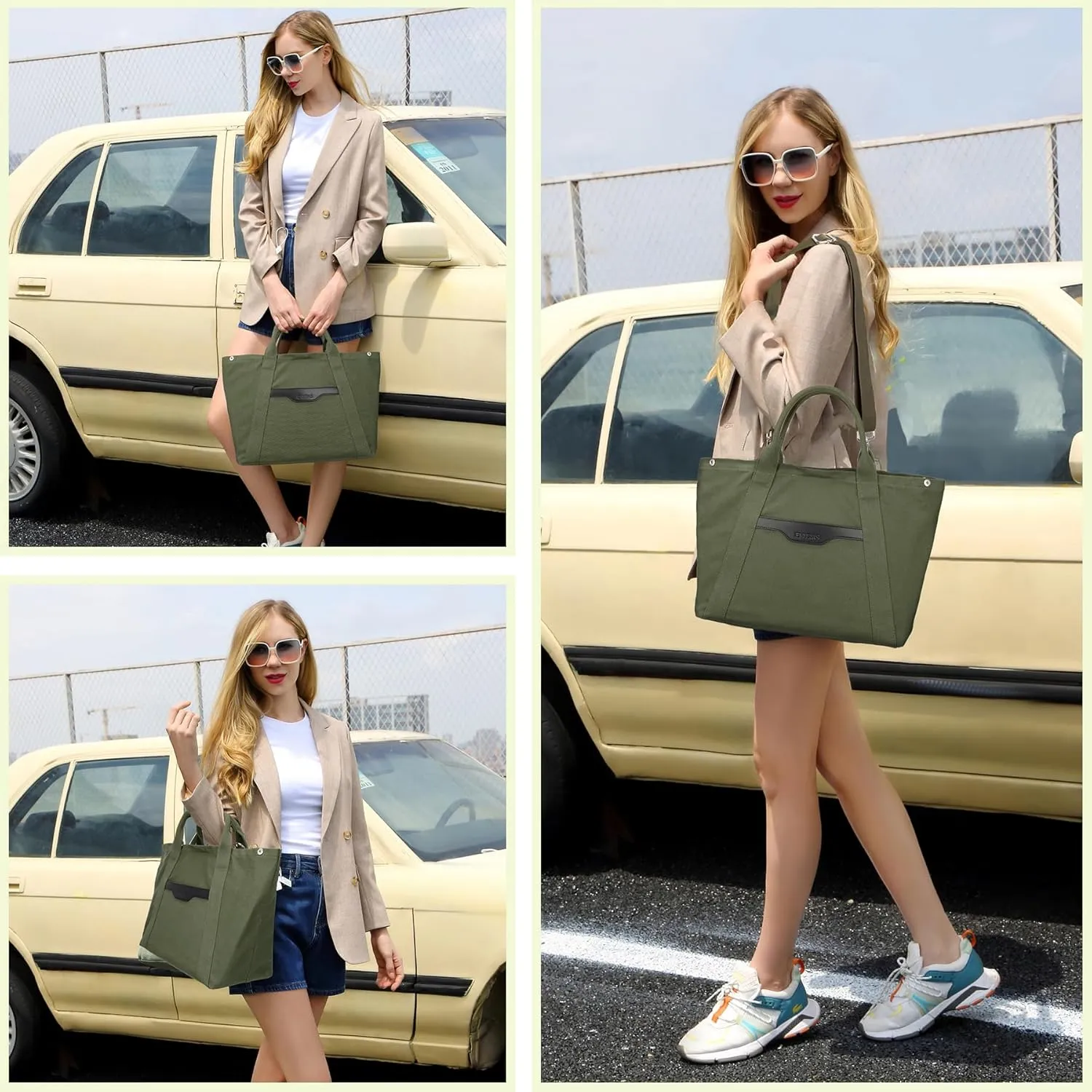 Tote Bag for Women Canvas Zip Top Handle Women's Handbag Multi Pockets Travel Crossbody Shoulder Bag