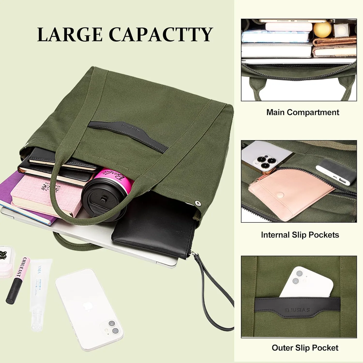 Tote Bag for Women Canvas Zip Top Handle Women's Handbag Multi Pockets Travel Crossbody Shoulder Bag