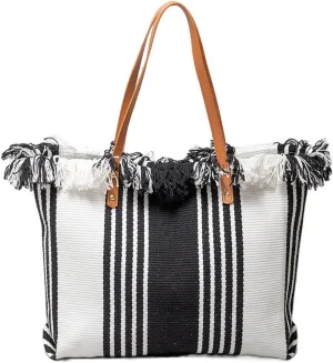 Tote bag, large capacity canvas, women's shoulder bag, beach bag, tassel embroidery, niche design, women's bag (Black white)