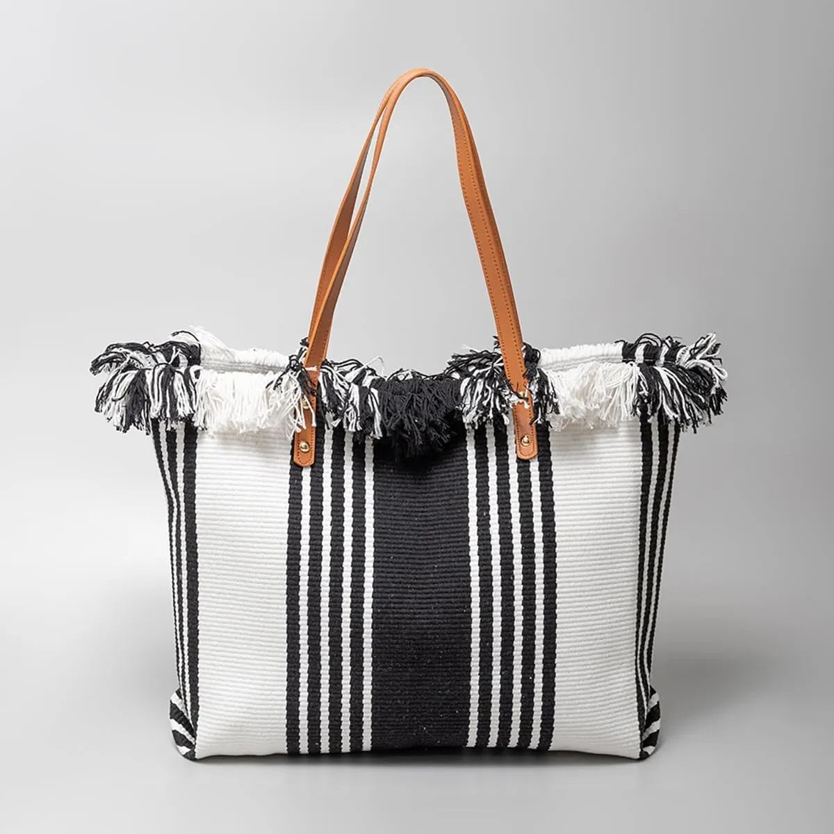 Tote bag, large capacity canvas, women's shoulder bag, beach bag, tassel embroidery, niche design, women's bag (Black white)