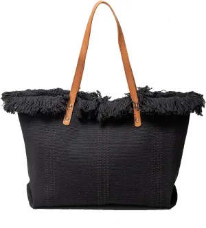 Tote bag, large capacity canvas, women's shoulder bag, beach bag, tassel embroidery, niche design, women's bag (Black)