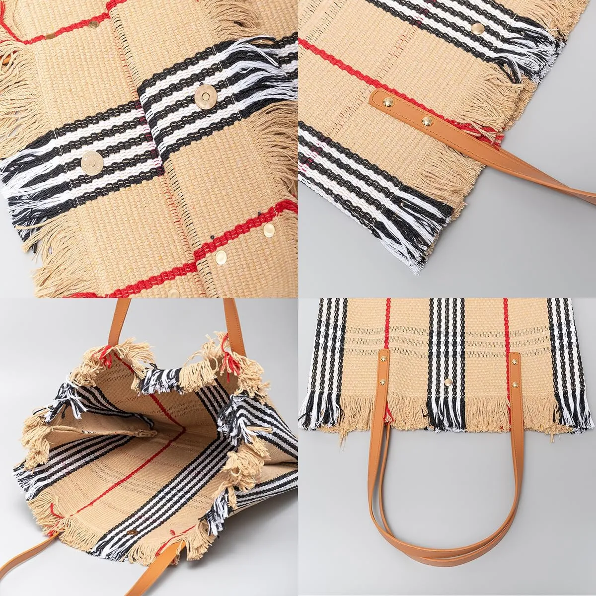 Tote bag, large capacity canvas, women's shoulder bag, beach bag, tassel embroidery, niche design, women's bag (Black)