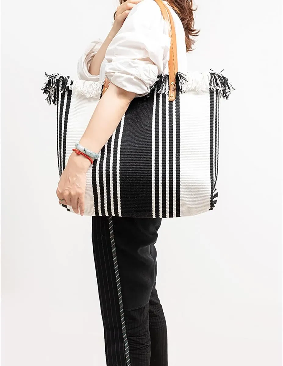 Tote bag, large capacity canvas, women's shoulder bag, beach bag, tassel embroidery, niche design, women's bag (Black)