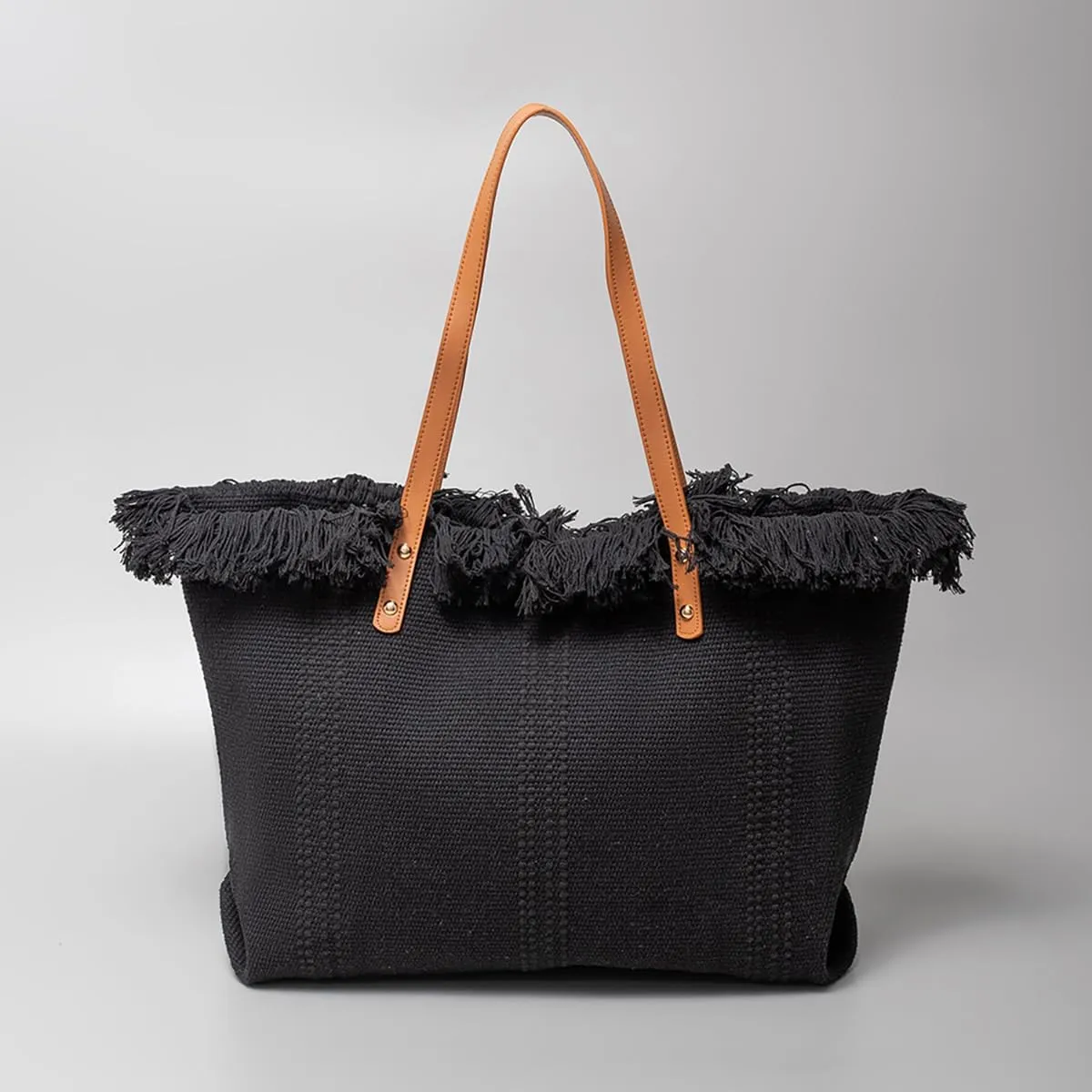 Tote bag, large capacity canvas, women's shoulder bag, beach bag, tassel embroidery, niche design, women's bag (Black)