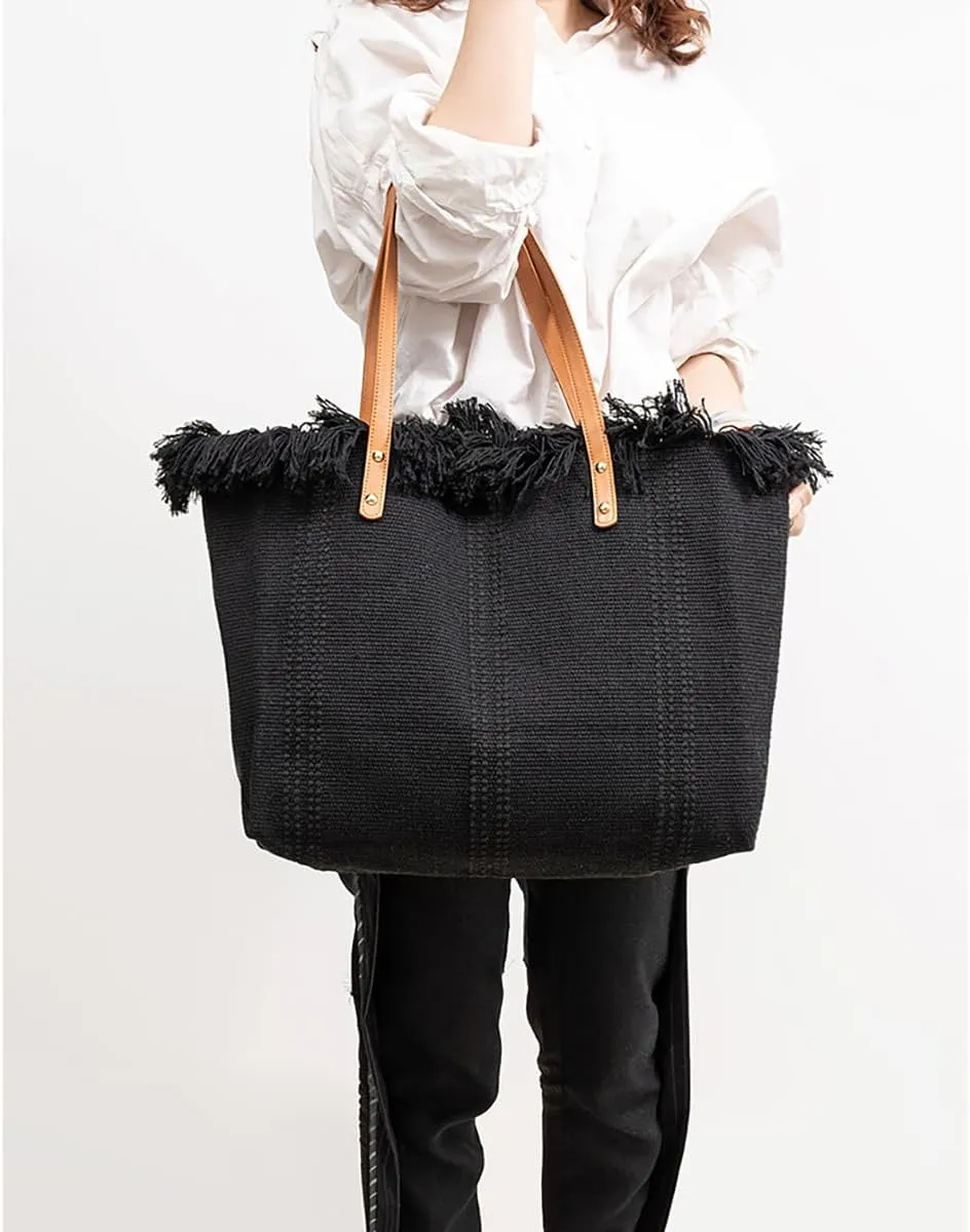 Tote bag, large capacity canvas, women's shoulder bag, beach bag, tassel embroidery, niche design, women's bag (Black)