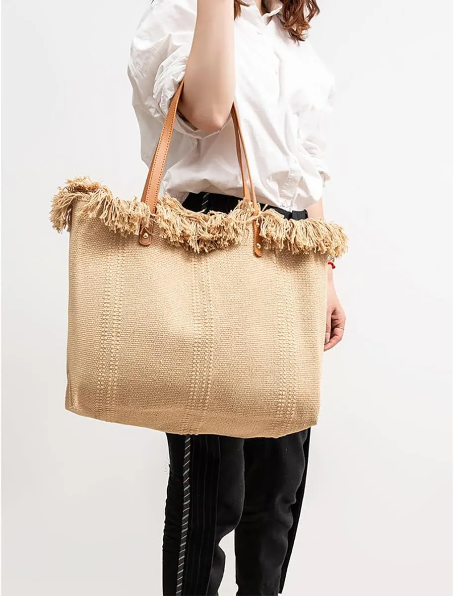 Tote bag, large capacity canvas, women's shoulder bag, beach bag, tassel embroidery, niche design, women's bag (Black)