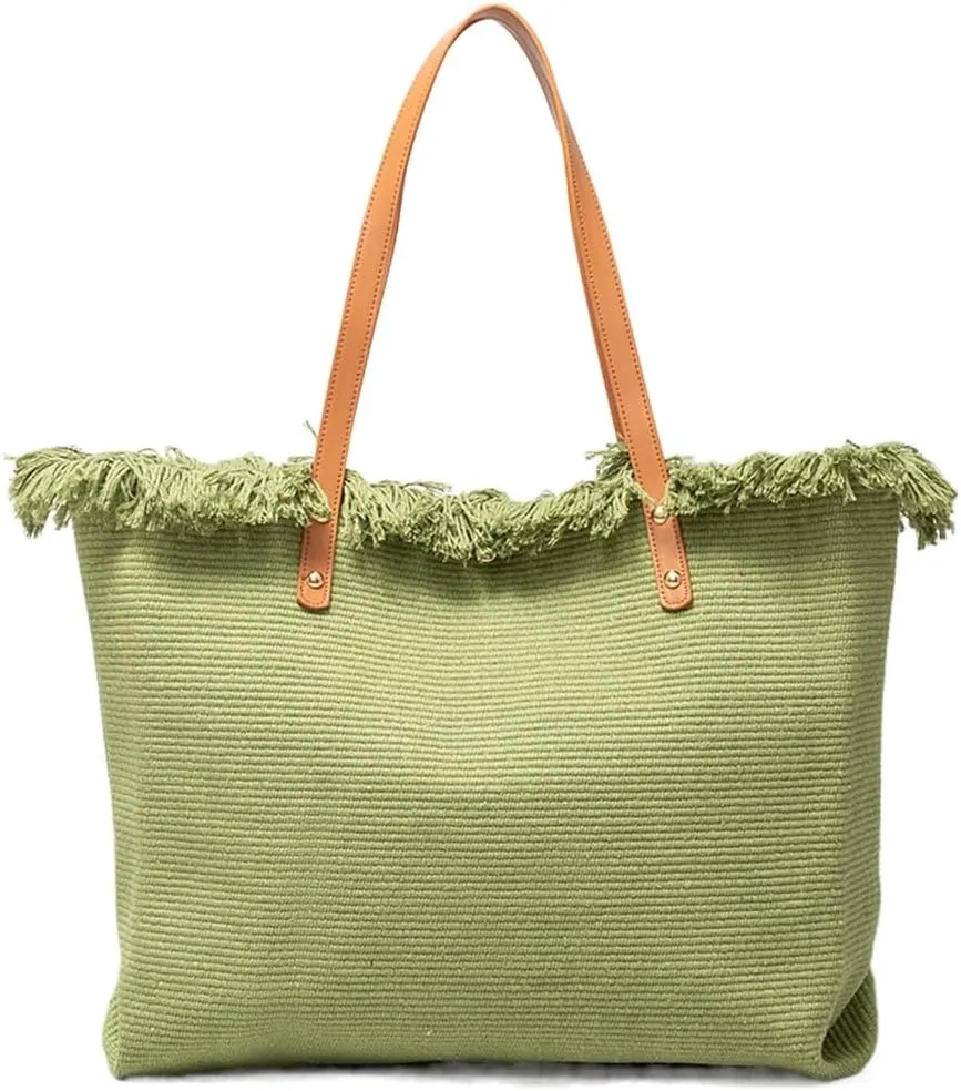 Tote bag, large capacity canvas, women's shoulder bag, beach bag, tassel embroidery, niche design, women's bag (Green)