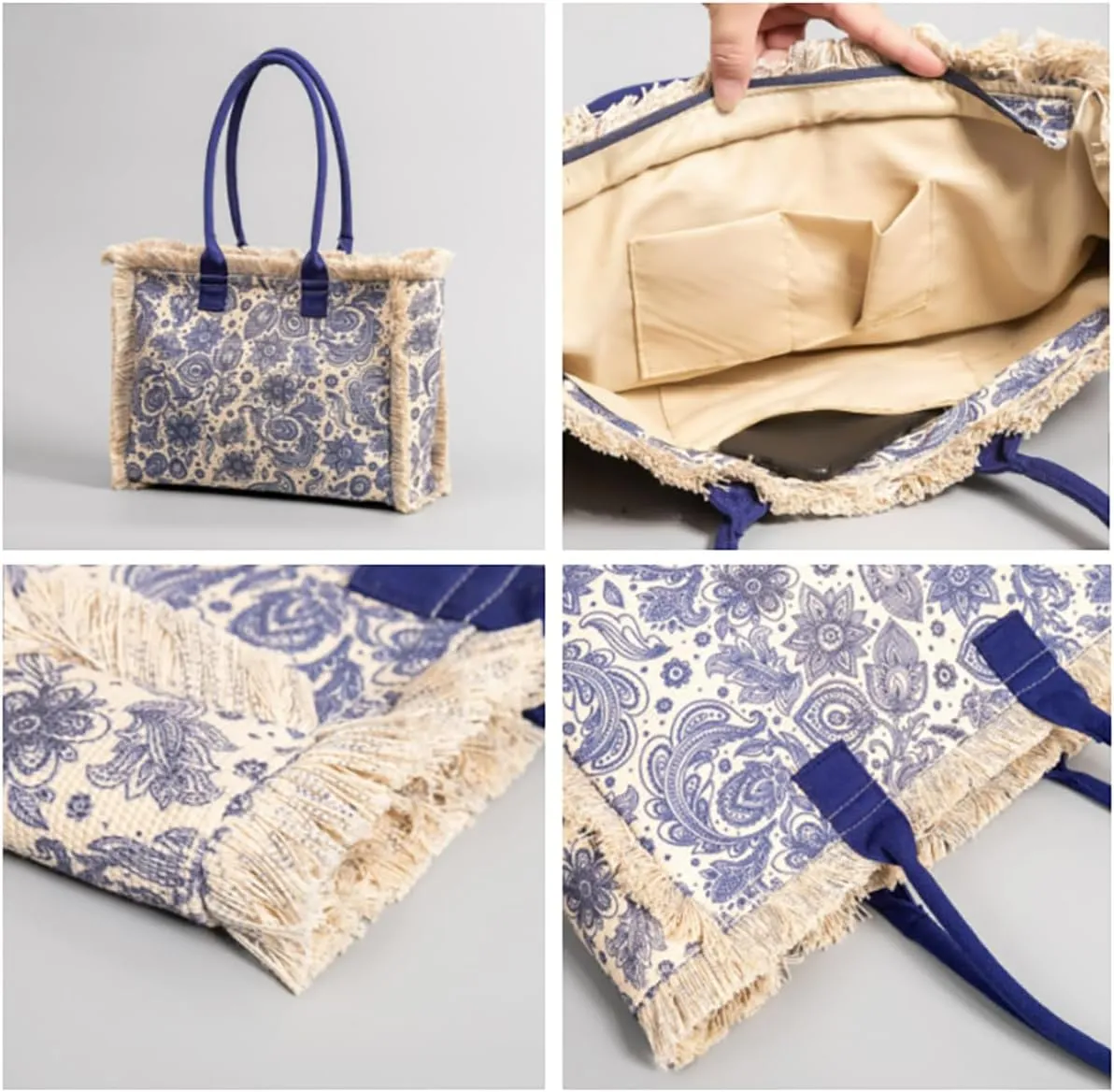 Tote handbag large capacity canvas women's shoulder bag beach bag tassel embroidery niche design (2)