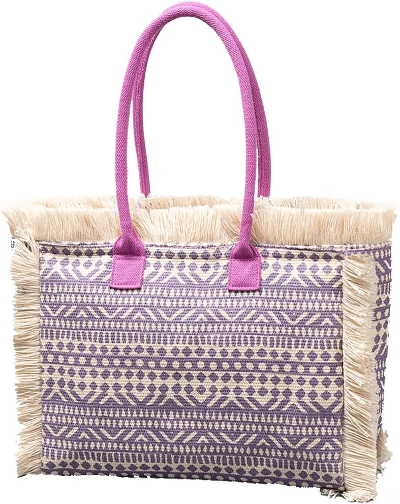 Tote handbag large capacity canvas women's shoulder bag beach bag tassel embroidery niche design (2)