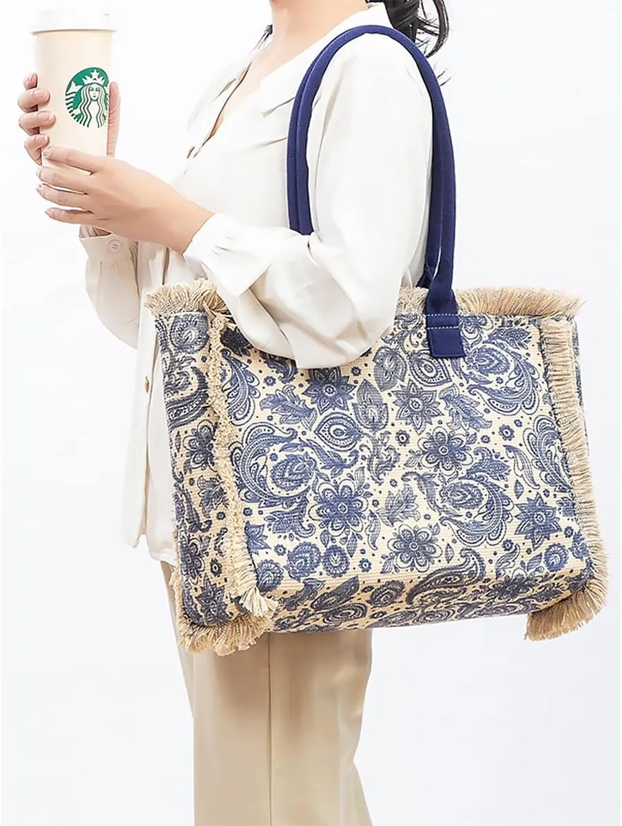Tote handbag large capacity canvas women's shoulder bag beach bag tassel embroidery niche design (3)