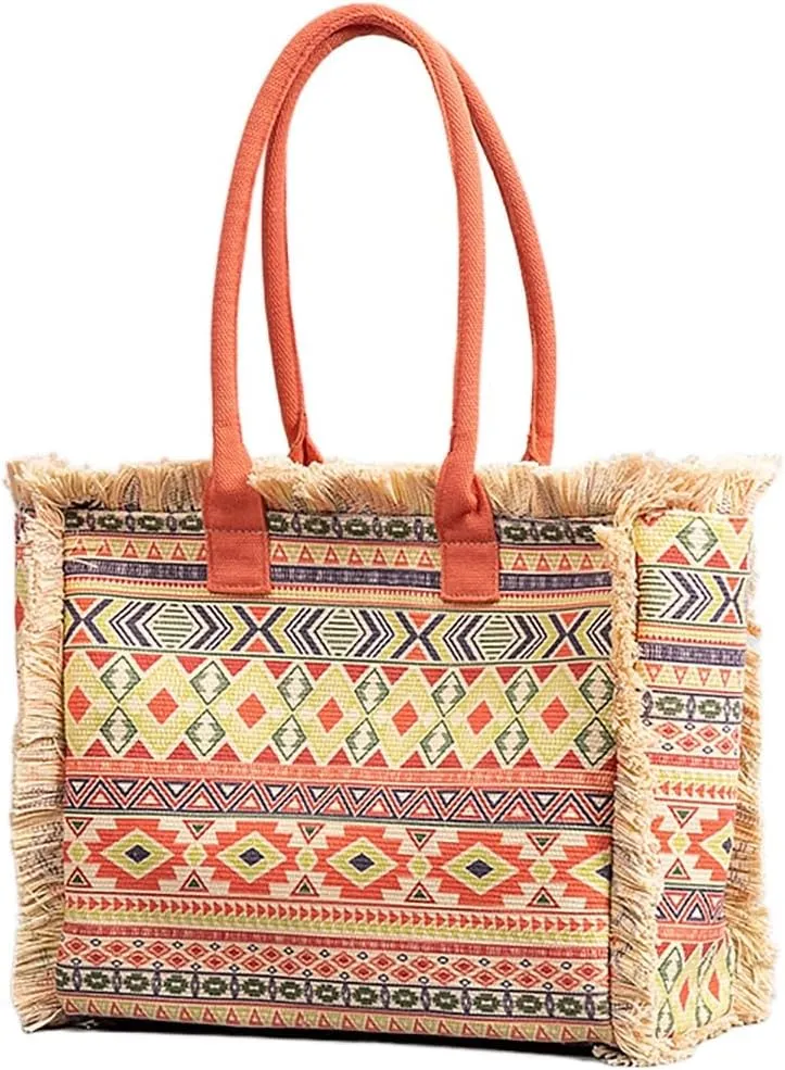 Tote handbag large capacity canvas women's shoulder bag beach bag tassel embroidery niche design (3)