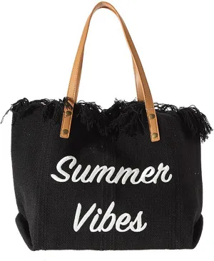 Tote handbag large capacity canvas women's shoulder bag beach bag tassel embroidery niche design temperament (black)