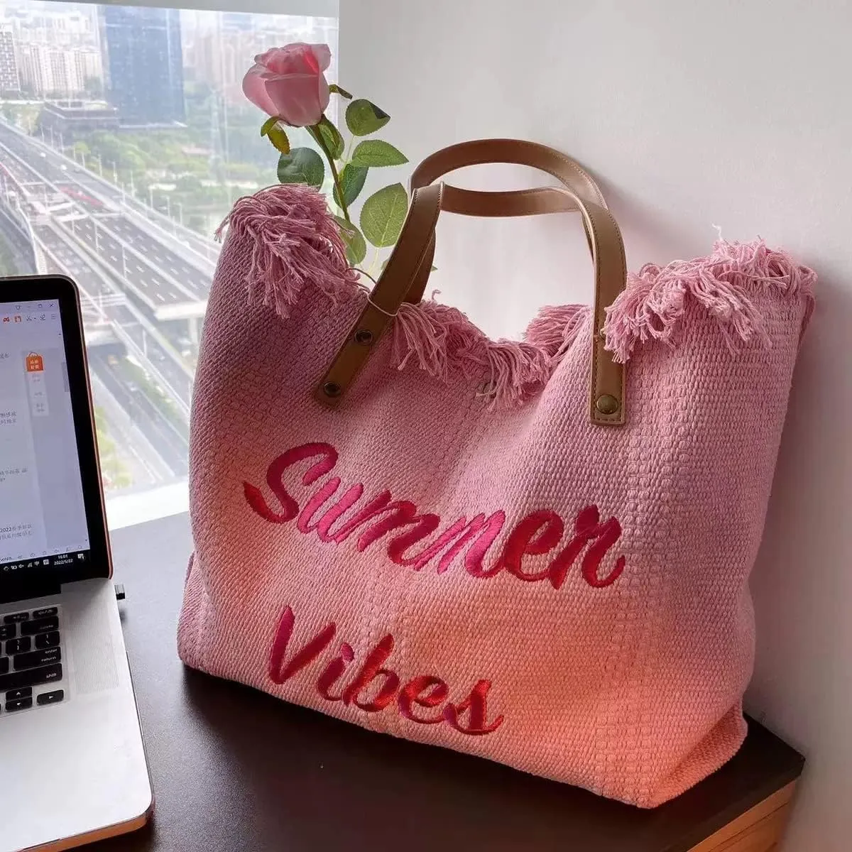 Tote handbag large capacity canvas women's shoulder bag beach bag tassel embroidery niche design temperament (pink)