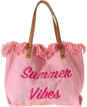 Tote handbag large capacity canvas women's shoulder bag beach bag tassel embroidery niche design temperament (pink)