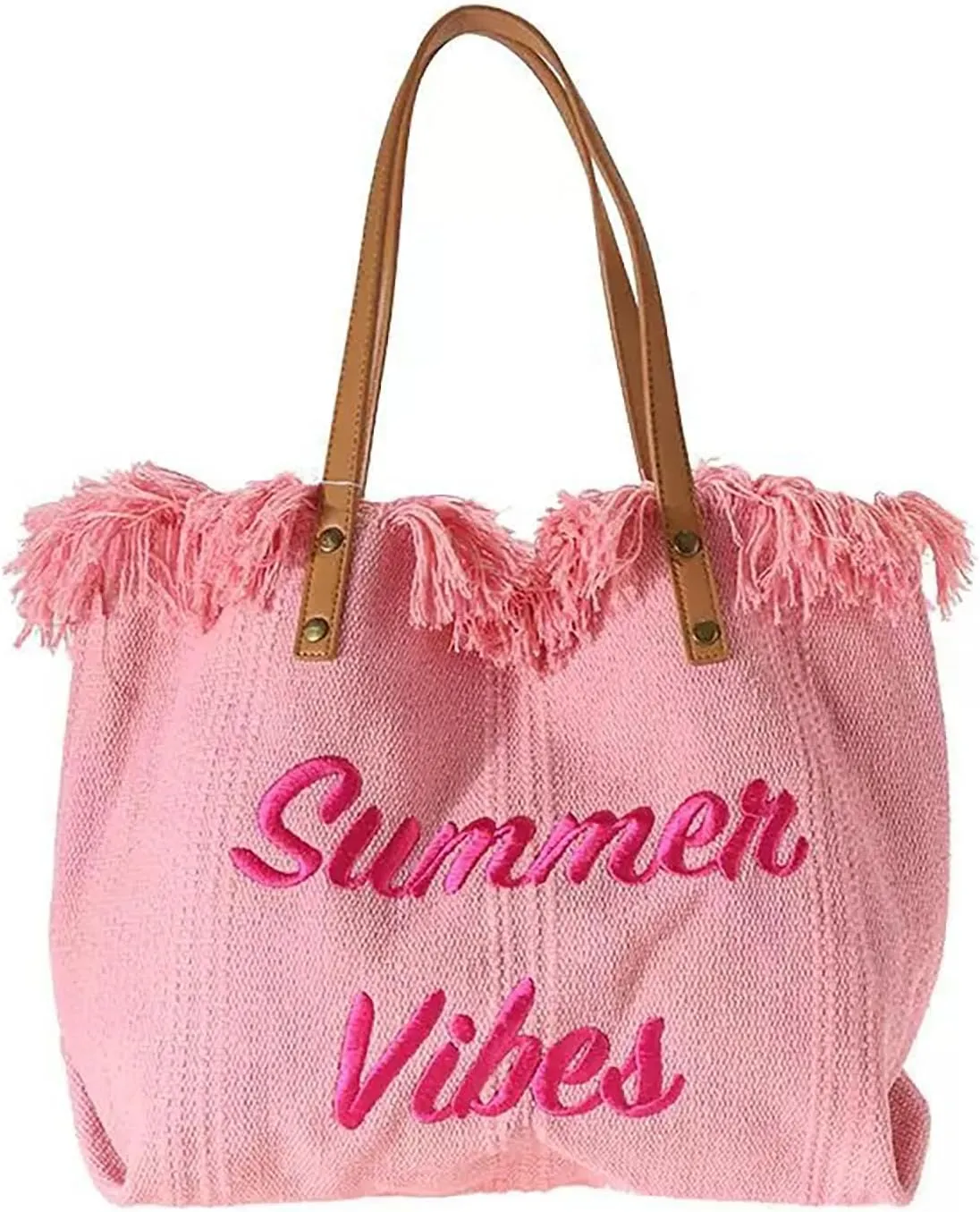 Tote handbag large capacity canvas women's shoulder bag beach bag tassel embroidery niche design temperament (pink)