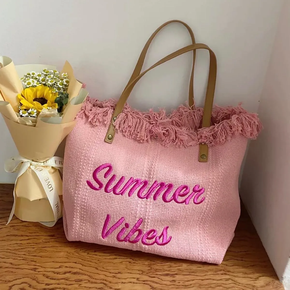 Tote handbag large capacity canvas women's shoulder bag beach bag tassel embroidery niche design temperament (pink)