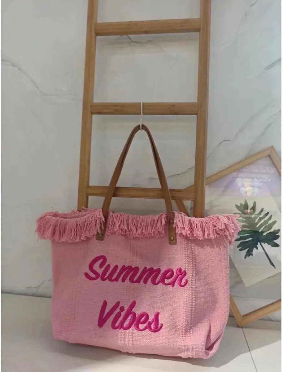Tote handbag large capacity canvas women's shoulder bag beach bag tassel embroidery niche design temperament (pink)