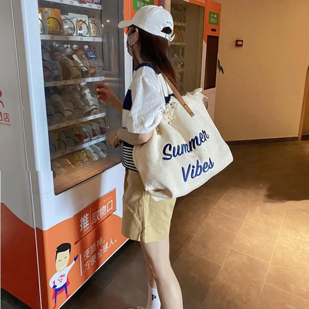 Tote handbag large capacity canvas women's shoulder bag beach bag tassel embroidery niche design temperament (write)